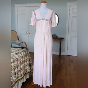 Vintage 70s Pale Pink Silky Floral Lace Nightie Lingerie Maxi Dress M Bohemian